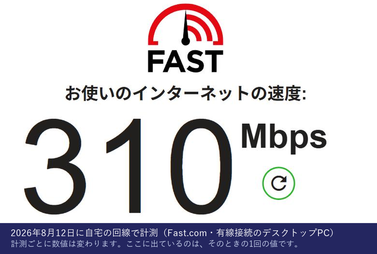 自宅の回線をFast.comで計測した画面。310 Mbpsと表示されている